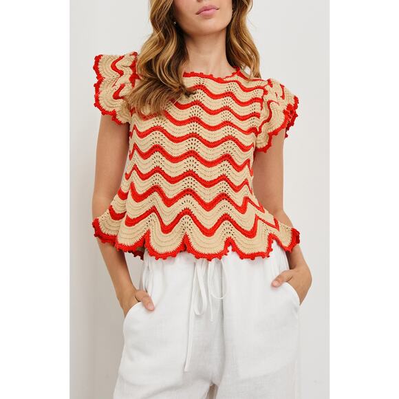 Rails Coen Ruffle Sleeve Peplum Sweater - M Cherry Oat Stripe - Picture 1 of 6
